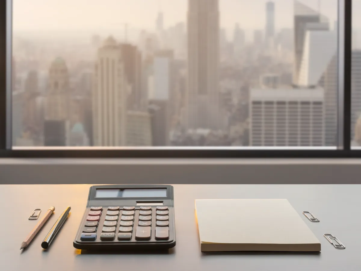 Conceptual financial desk with skyline, illustrating bank earnings and borrowing costs.