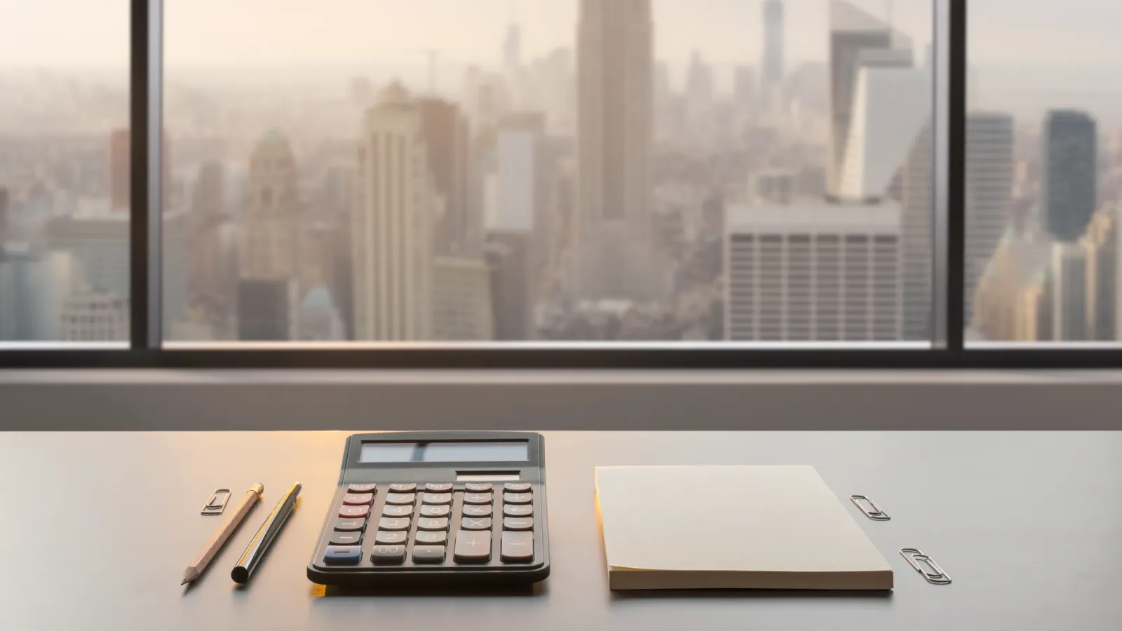 Conceptual financial desk with skyline, illustrating bank earnings and borrowing costs.