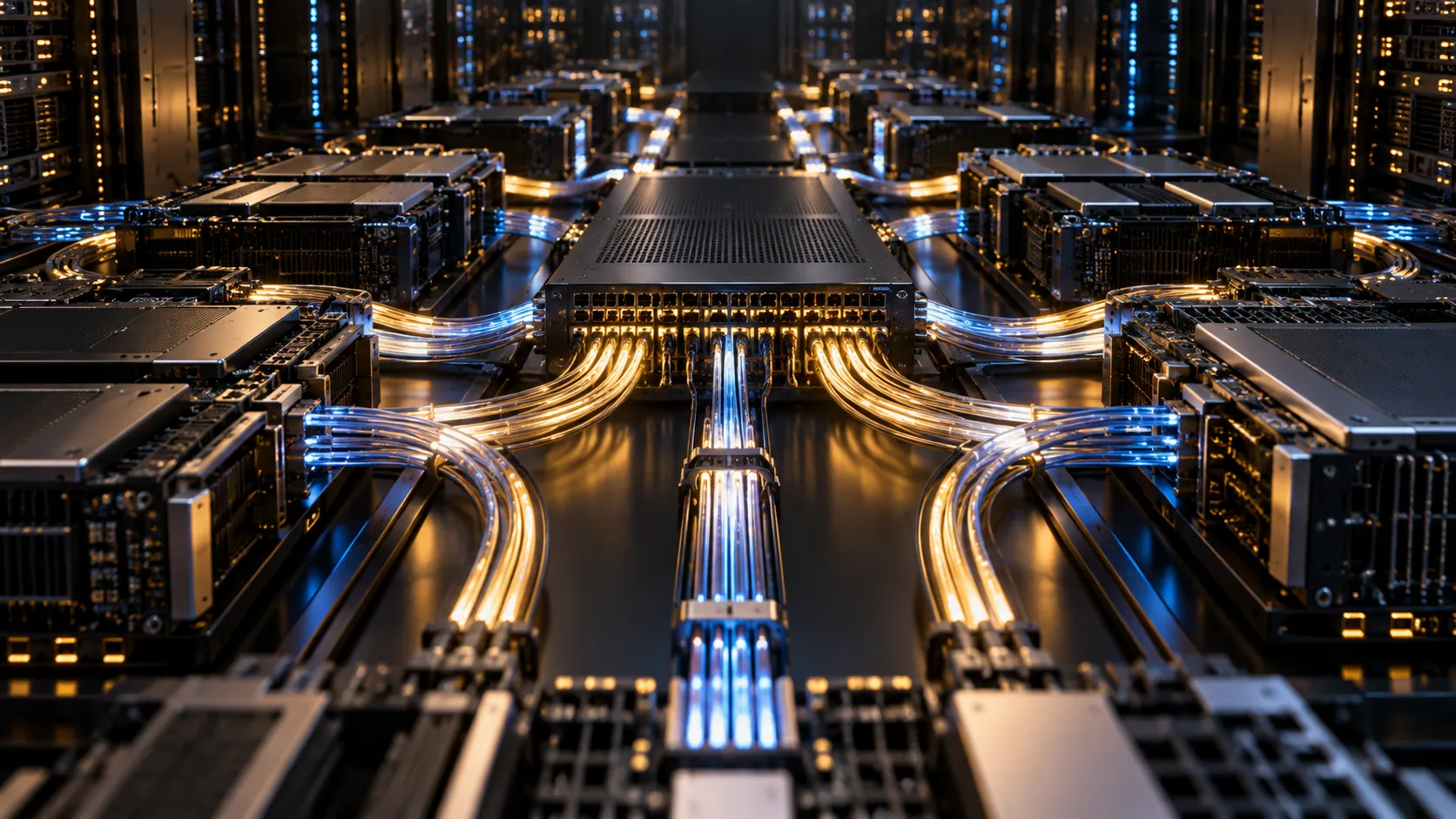 Conceptual data-center infrastructure illuminated at dusk