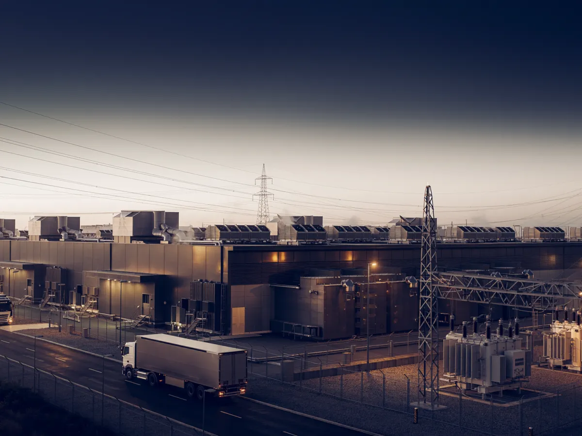 Conceptual view of AI data-center facilities, electricity infrastructure and freight access; not a photograph of an IMF event.