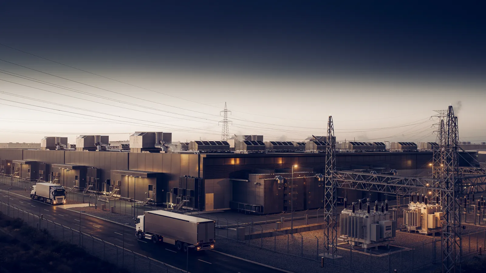 Conceptual view of AI data-center facilities, electricity infrastructure and freight access; not a photograph of an IMF event.
