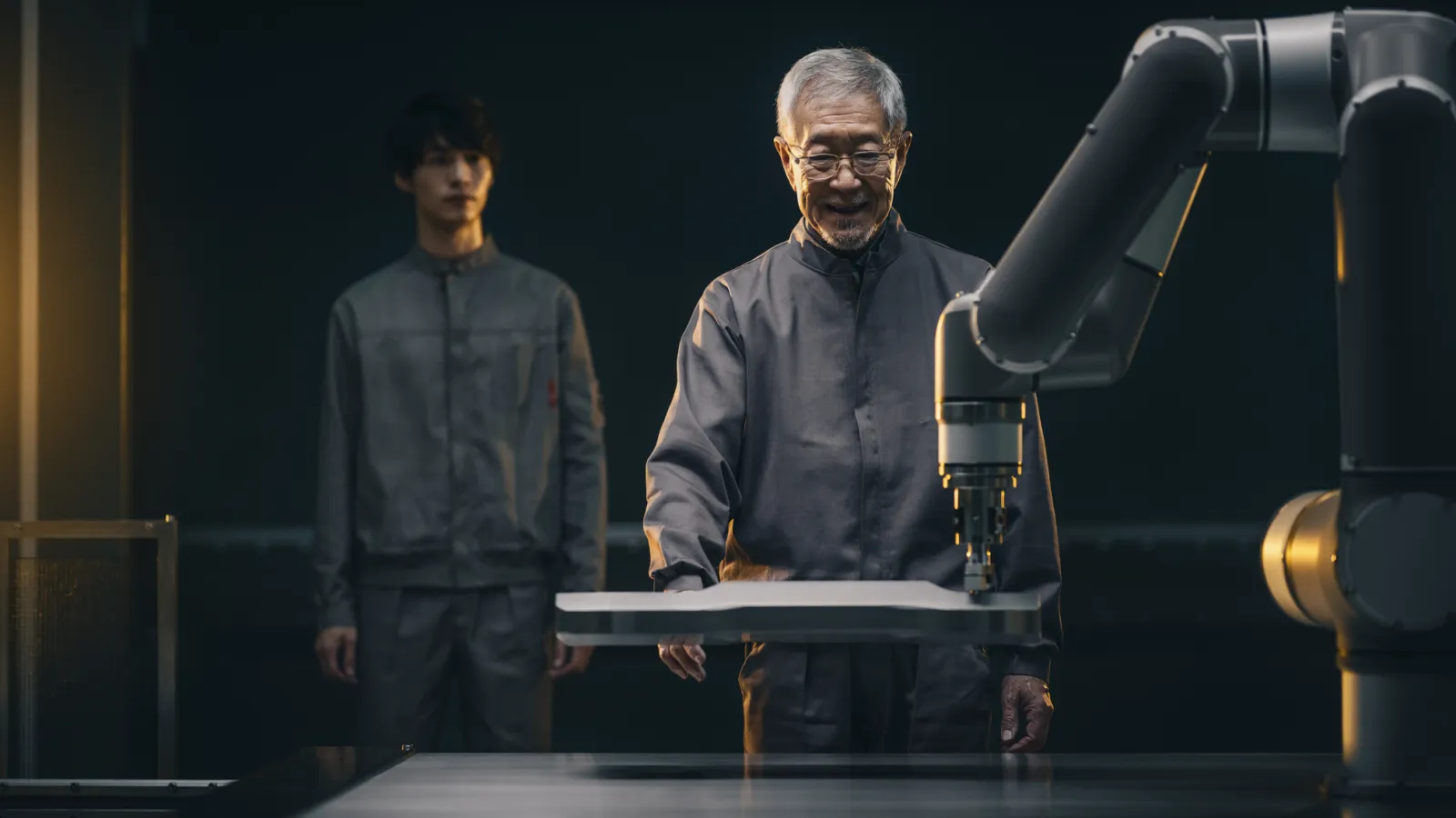 Conceptual depiction of an older engineer supervising industrial automation in an Asian factory; not a photograph of the IMF meetings.