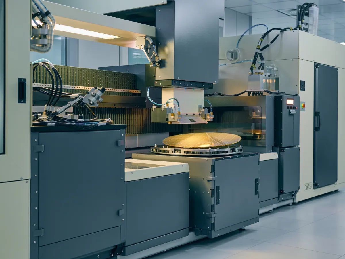 Conceptual illustration of precision semiconductor manufacturing equipment and a silicon wafer inside a cleanroom.