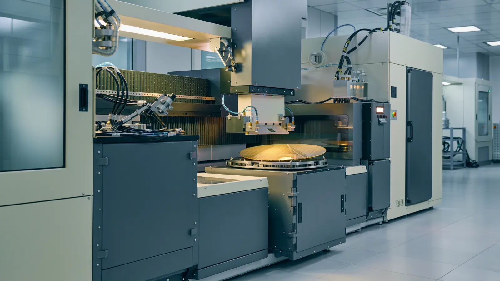 Conceptual illustration of precision semiconductor manufacturing equipment and a silicon wafer inside a cleanroom.