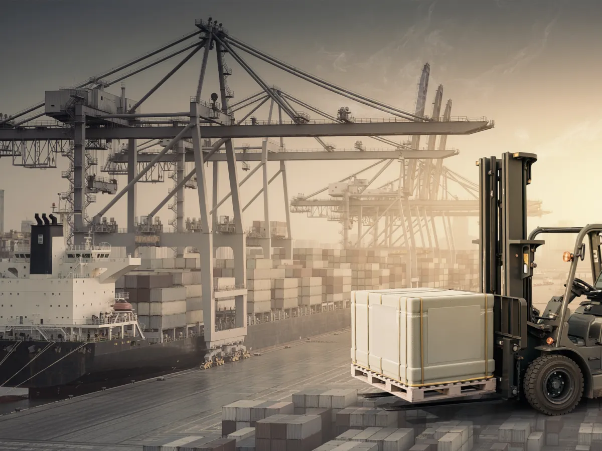 Conceptual illustration of a Chinese container port and cargo handling infrastructure, representing September export growth.