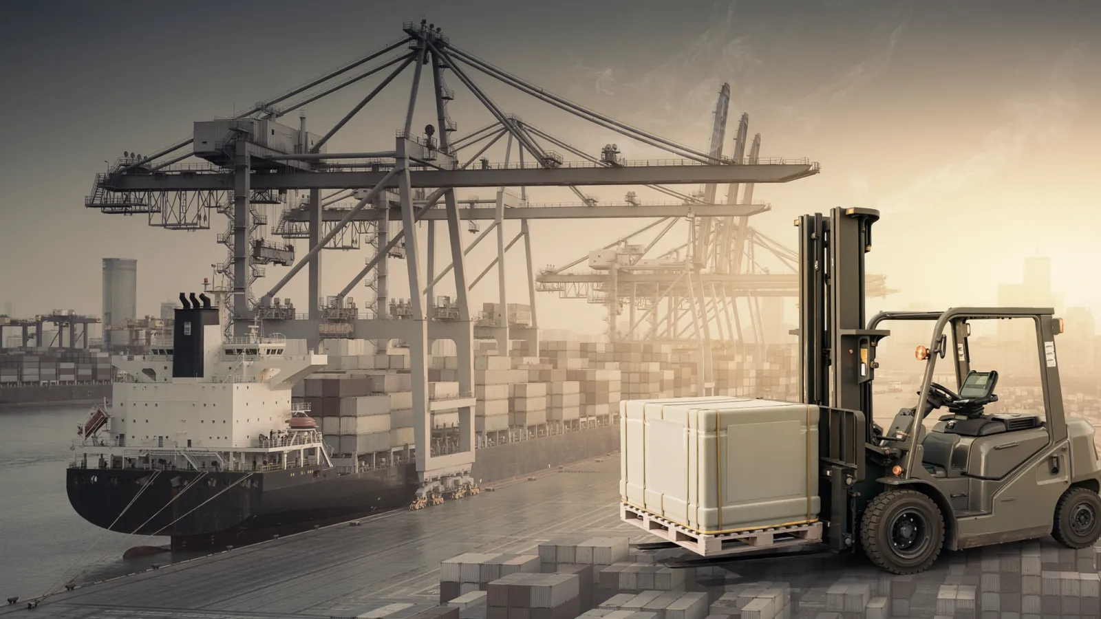Conceptual illustration of a Chinese container port and cargo handling infrastructure, representing September export growth.