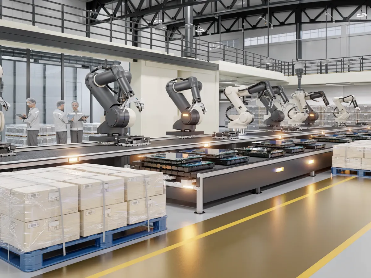 Conceptual view of a modern Chinese electronics factory with export pallets and automated production equipment.