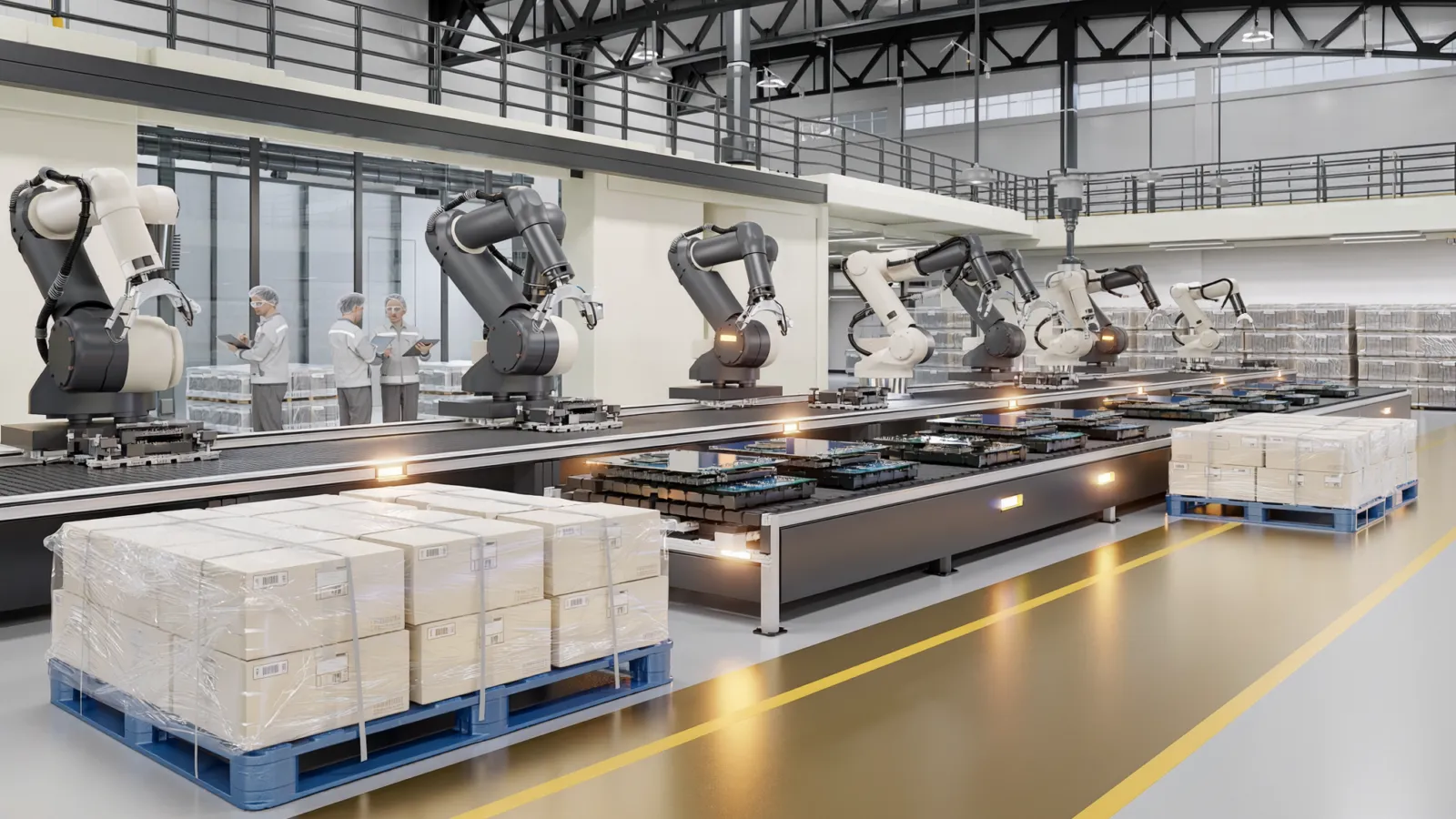 Conceptual view of a modern Chinese electronics factory with export pallets and automated production equipment.