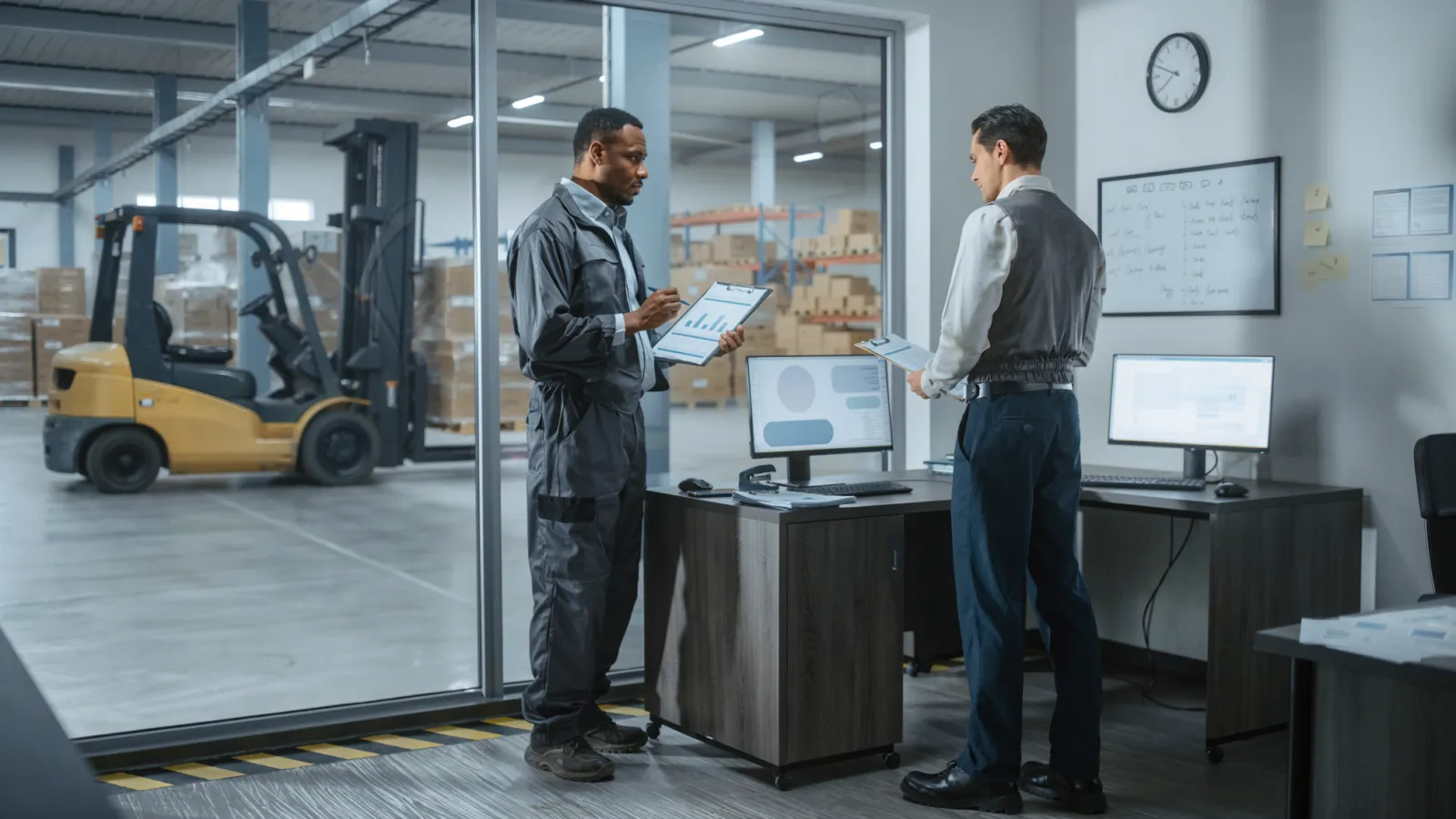Conceptual AI-assisted editorial scene of workers in an industrial office beside a warehouse, illustrating business adoption of AI in developing Europe.