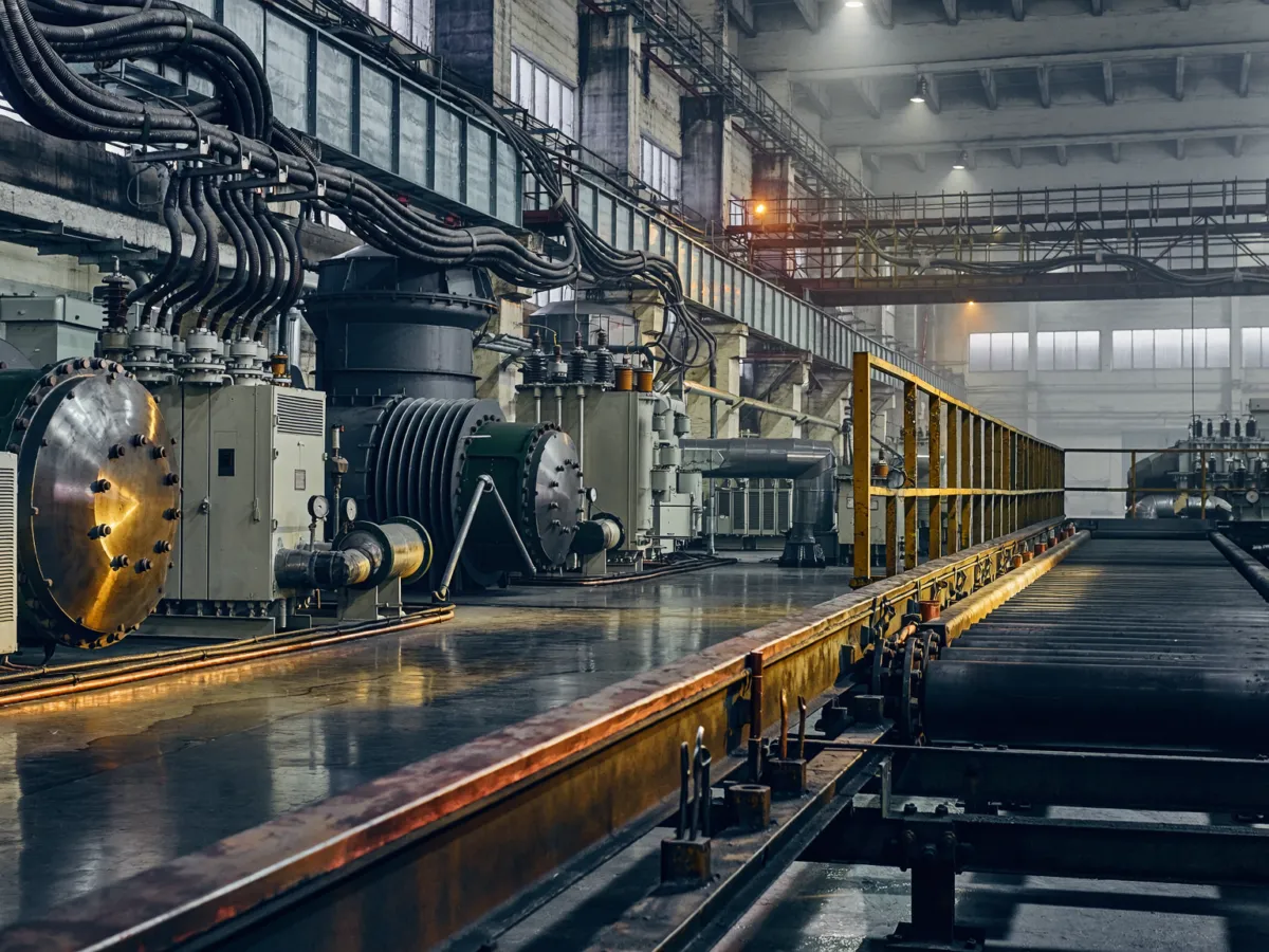 Illustrative European industrial facility with machinery and electrical infrastructure, representing rising energy production costs.