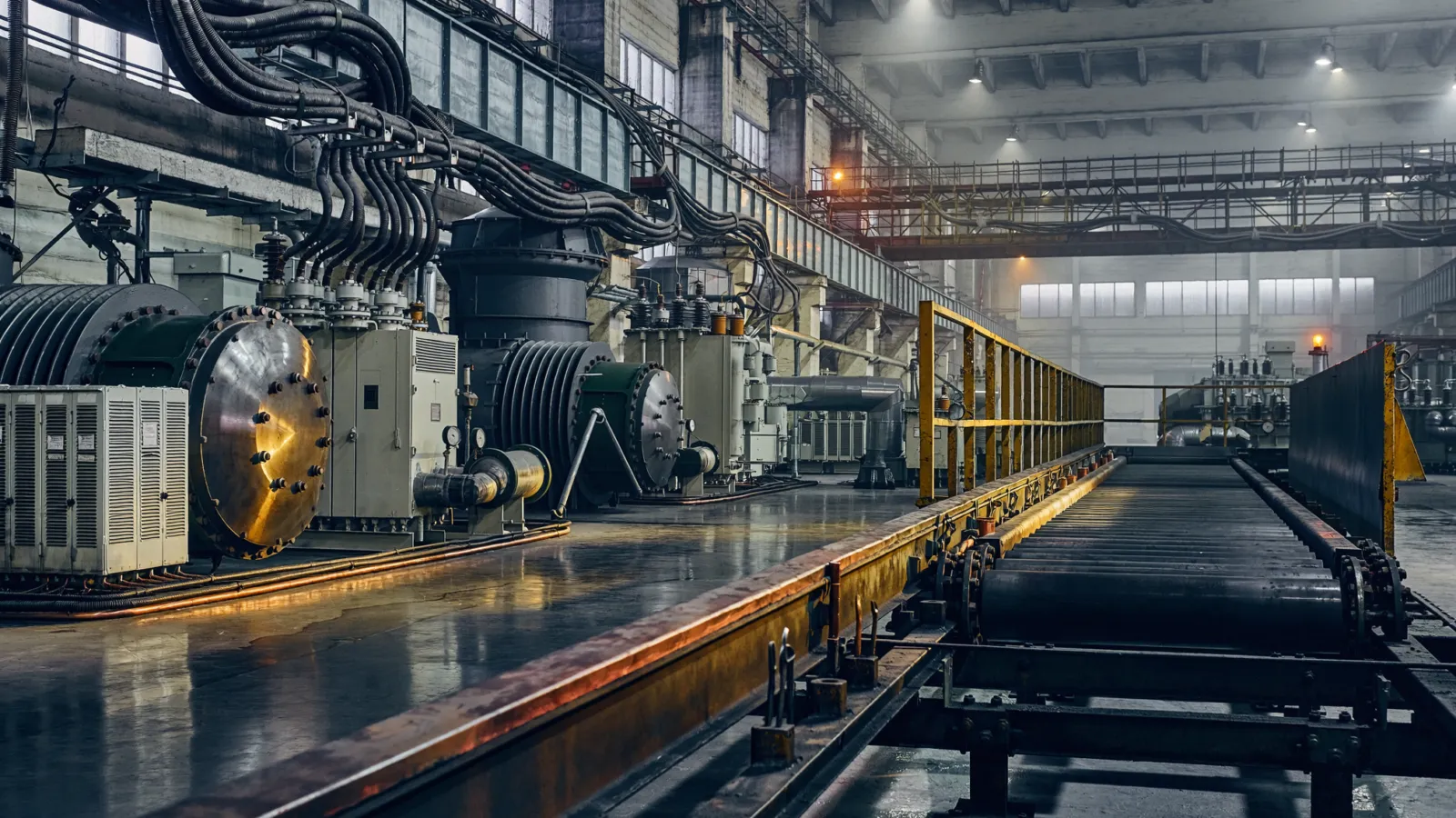 Illustrative European industrial facility with machinery and electrical infrastructure, representing rising energy production costs.