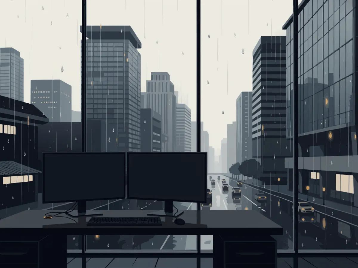 Conceptual view of an unbranded financial workstation and Jakarta-style office district, illustrating market-access risk.