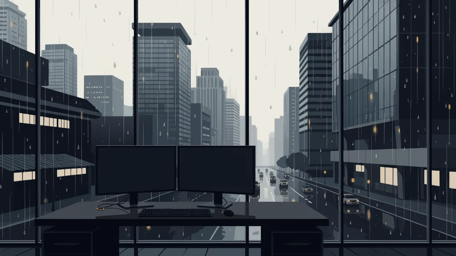 Conceptual view of an unbranded financial workstation and Jakarta-style office district, illustrating market-access risk.