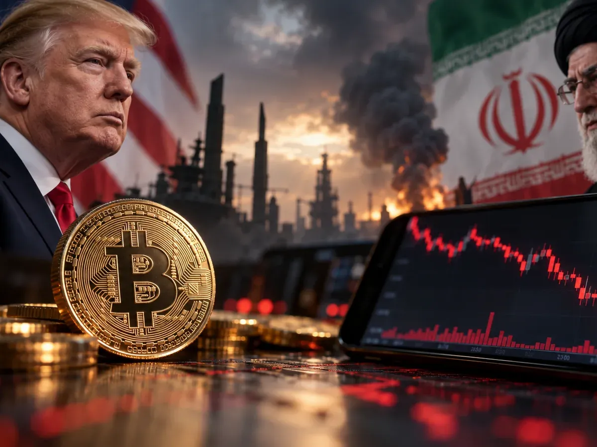 Ilustração editorial conceitual MNS criada com IA sobre Bitcoin e risco geopolítico entre EUA e Irã; não é fotografia documental.