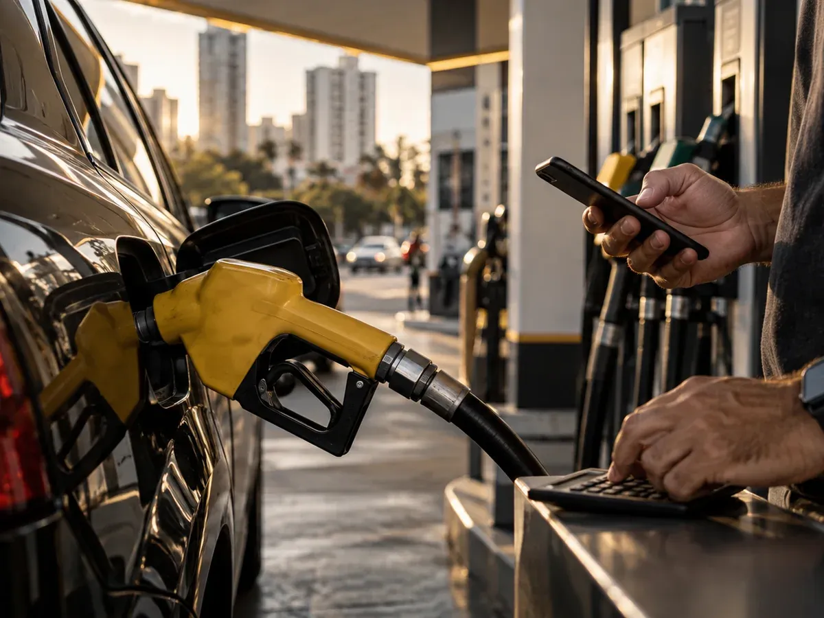 Conceptual image of a driver refueling a car and checking expenses at a gas station, illustrating Brazil's fuel-tax measures.