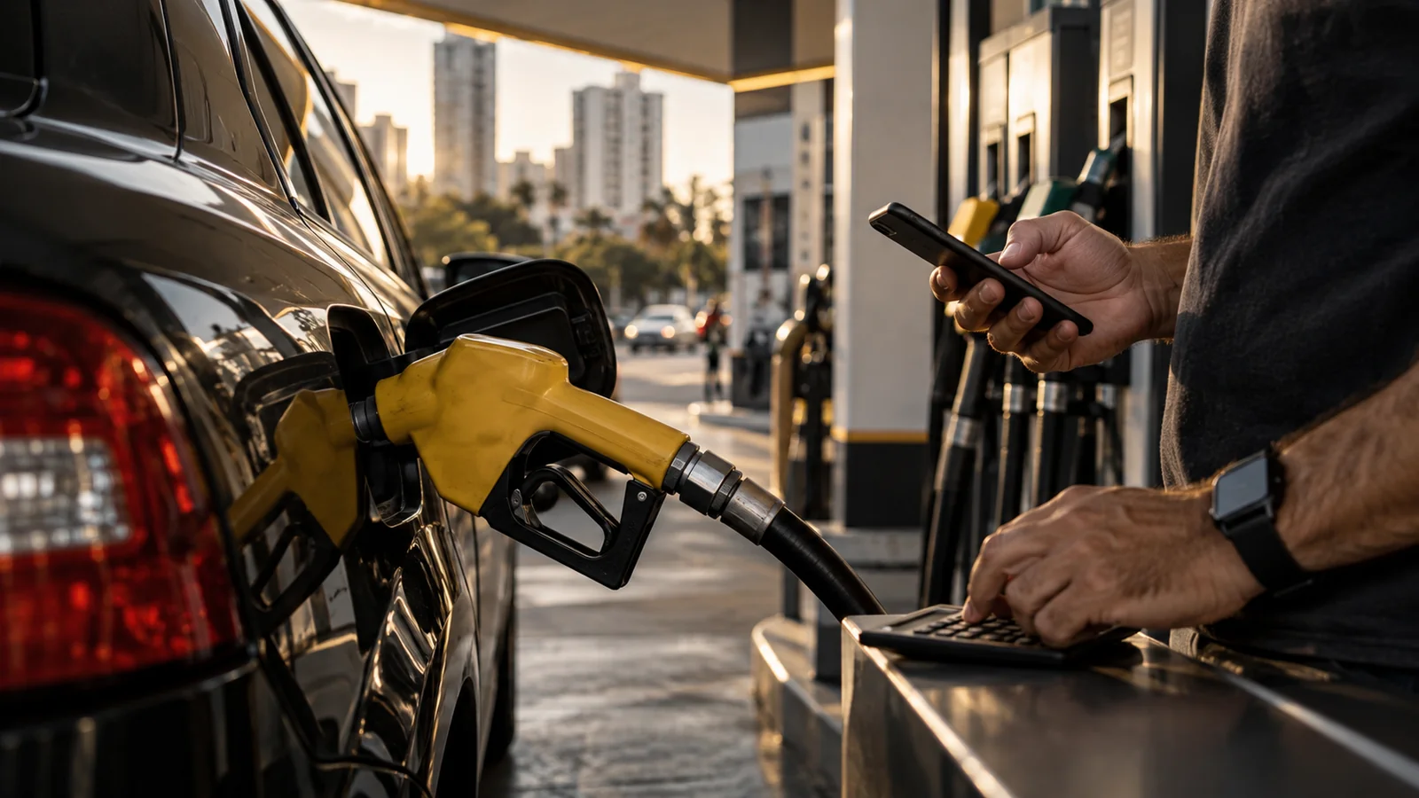 Conceptual image of a driver refueling a car and checking gasoline expenses in Brazil