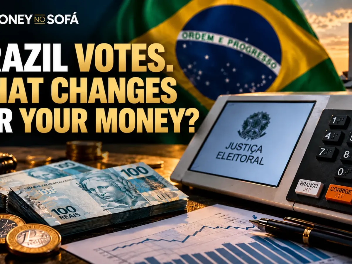 Money no Sofá conceptual illustration showing a Brazilian voting machine, flag and real banknotes for the 2026 election.