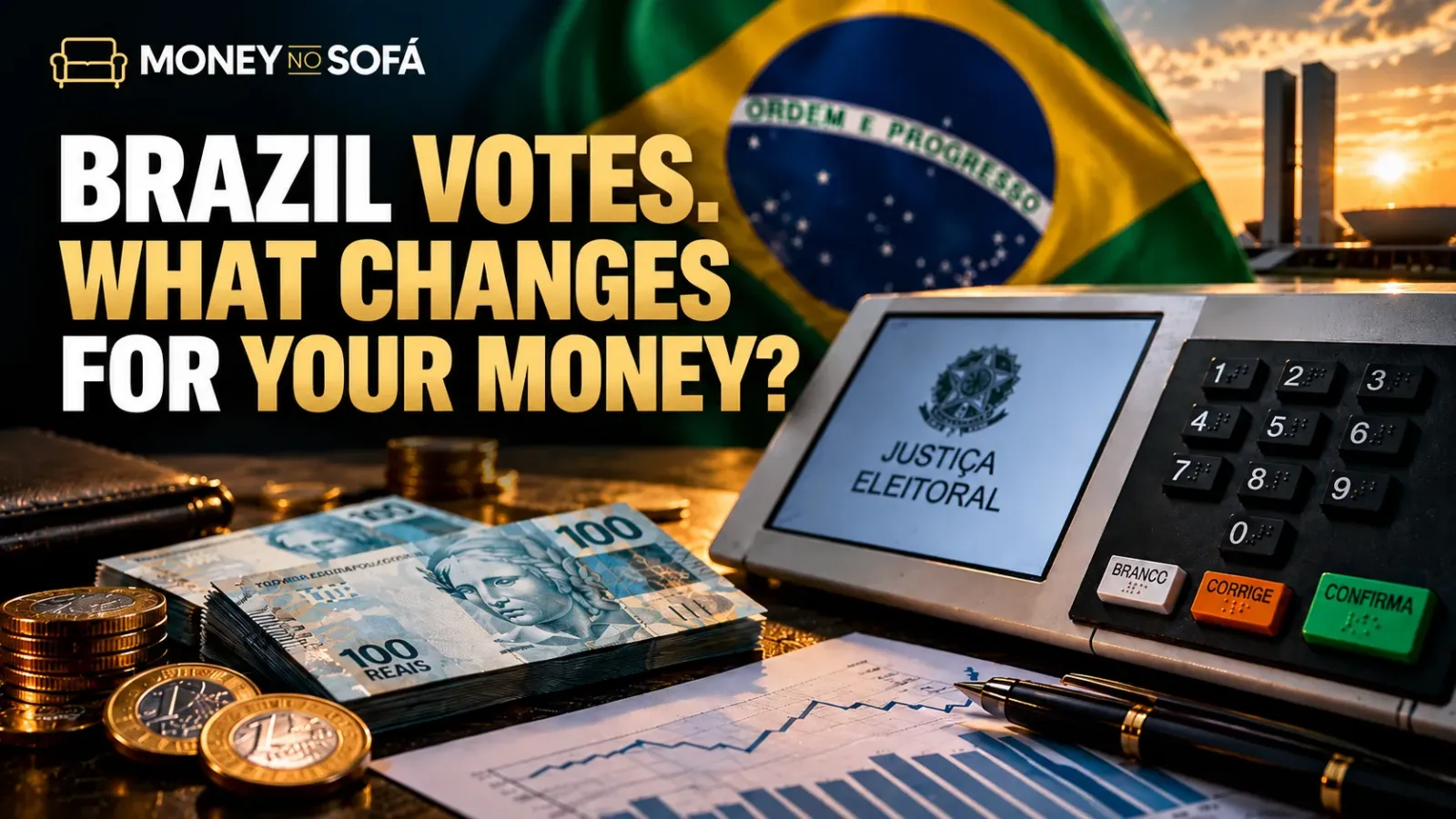 Money no Sofá conceptual illustration showing a Brazilian voting machine, flag and real banknotes for the 2026 election.