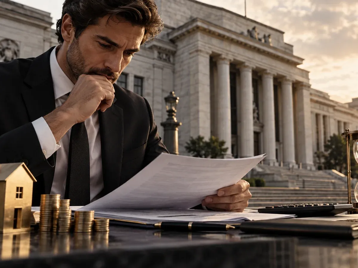 Conceptual editorial scene of mortgage paperwork, interest rates and financial planning near institutional architecture.