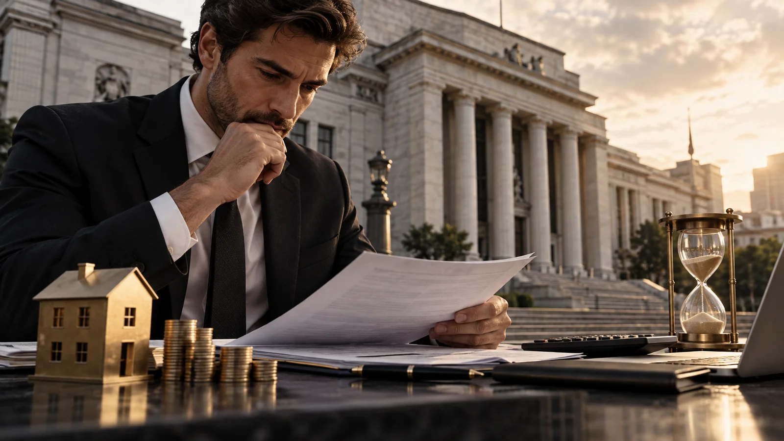 Conceptual editorial scene of mortgage paperwork, interest rates and financial planning near institutional architecture.
