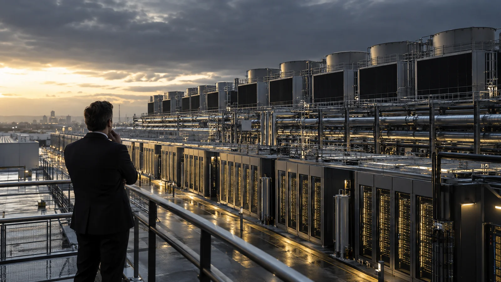 Conceptual view of large-scale AI data-center buildings and cooling infrastructure, illustrating capital spending.