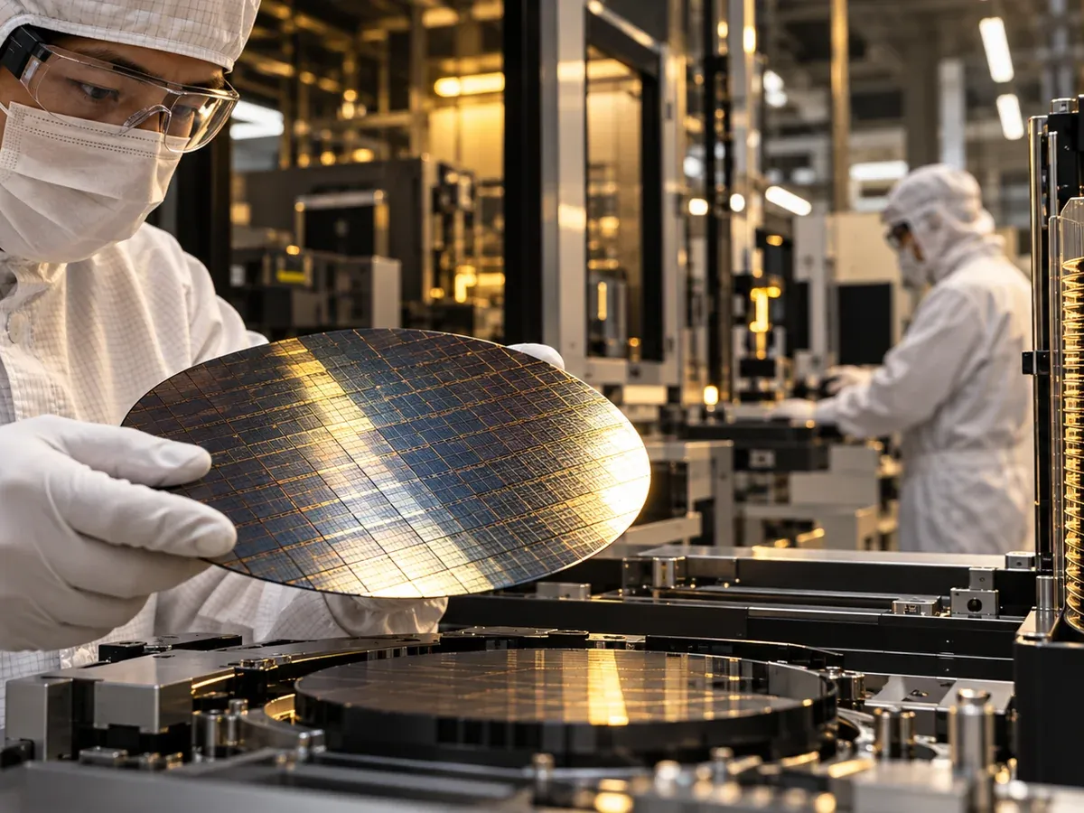 Conceptual semiconductor fabrication cleanroom with a technician examining a silicon wafer.