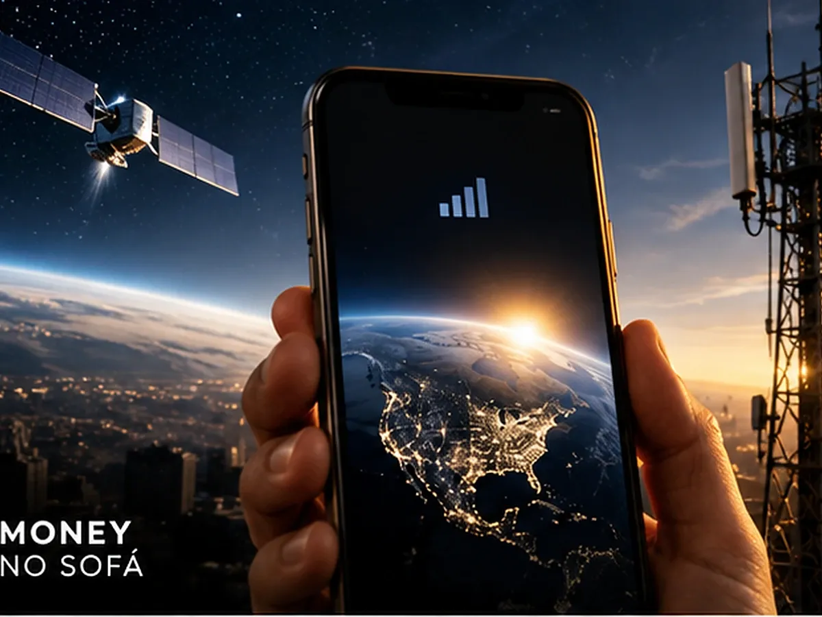 Conceptual editorial image illustrating mobile connectivity and satellite spectrum investments.