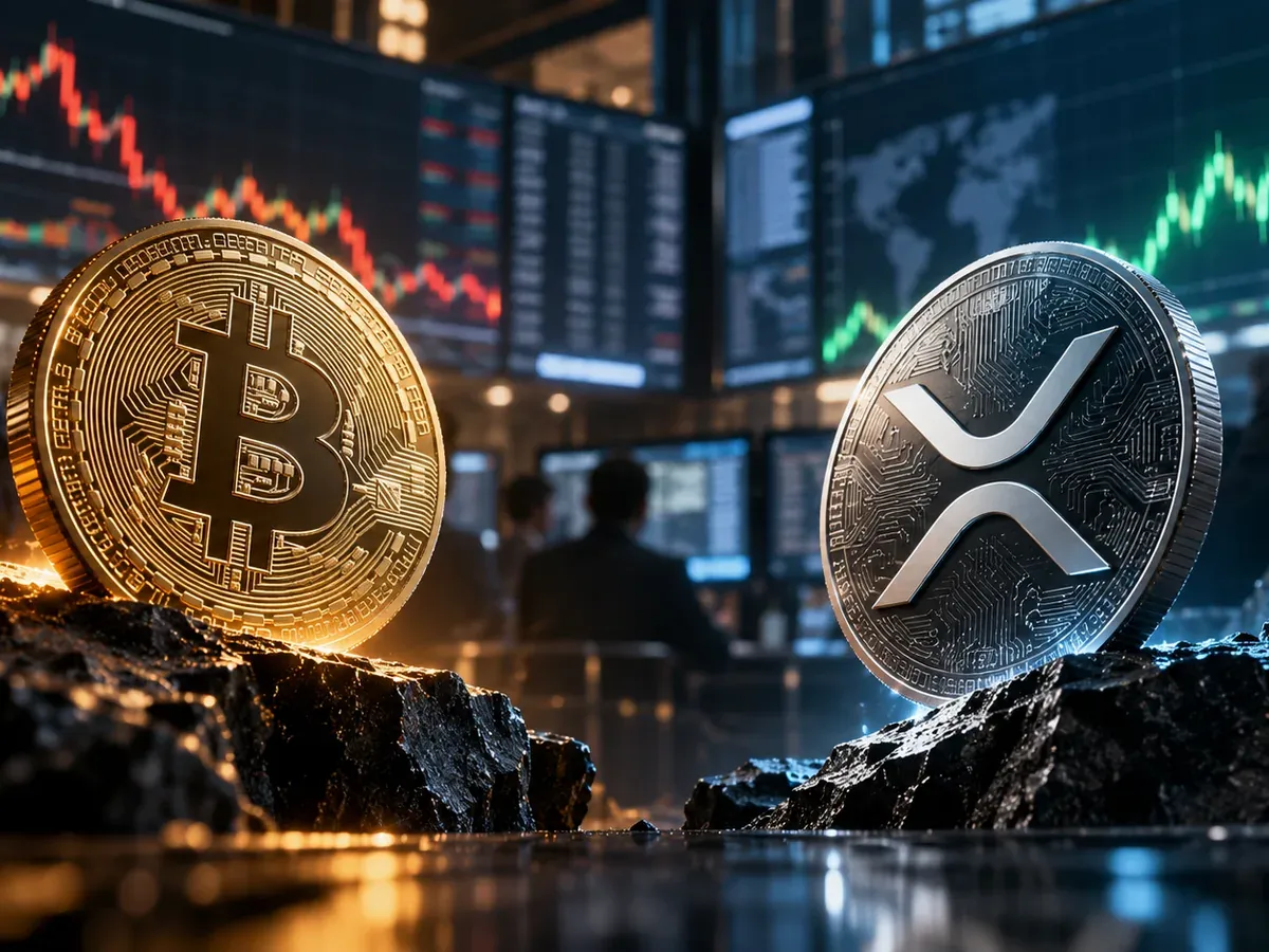 Ilustração editorial MNS criada com IA: Bitcoin e XRP em um mercado de criptoativos.