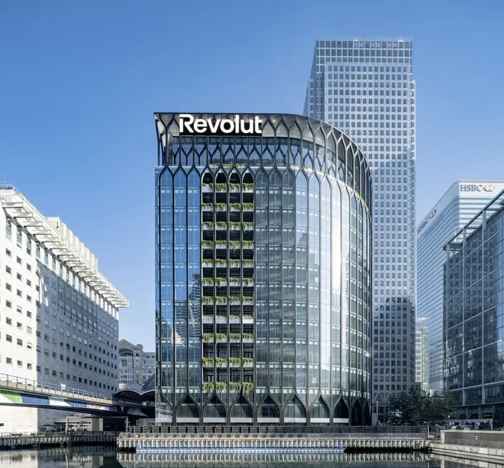 Revolut headquarters building in Canary Wharf, London; photo credited to Revolut newsroom.