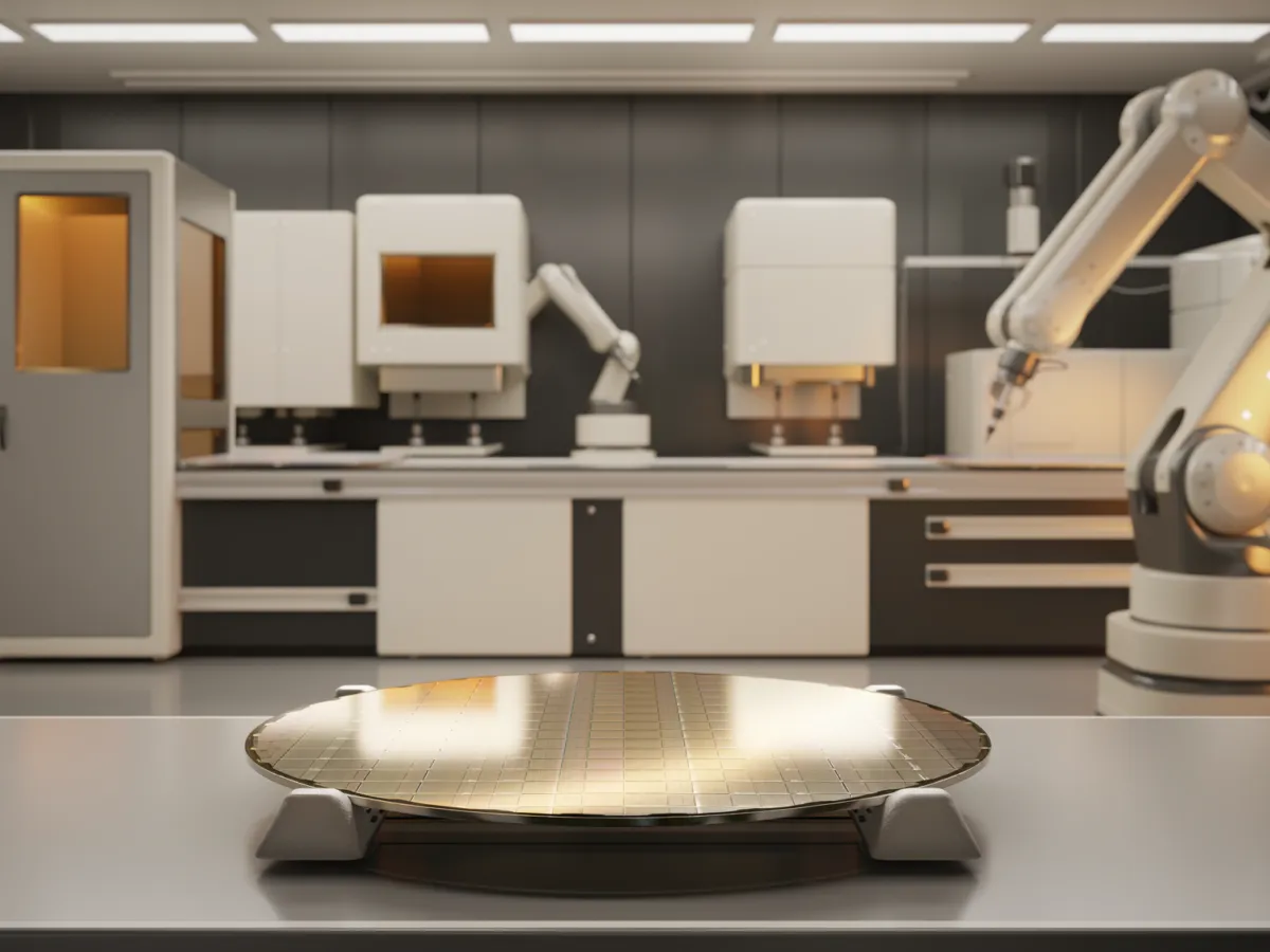 Conceptual image of an advanced silicon wafer and automated equipment inside a semiconductor cleanroom in Taiwan.