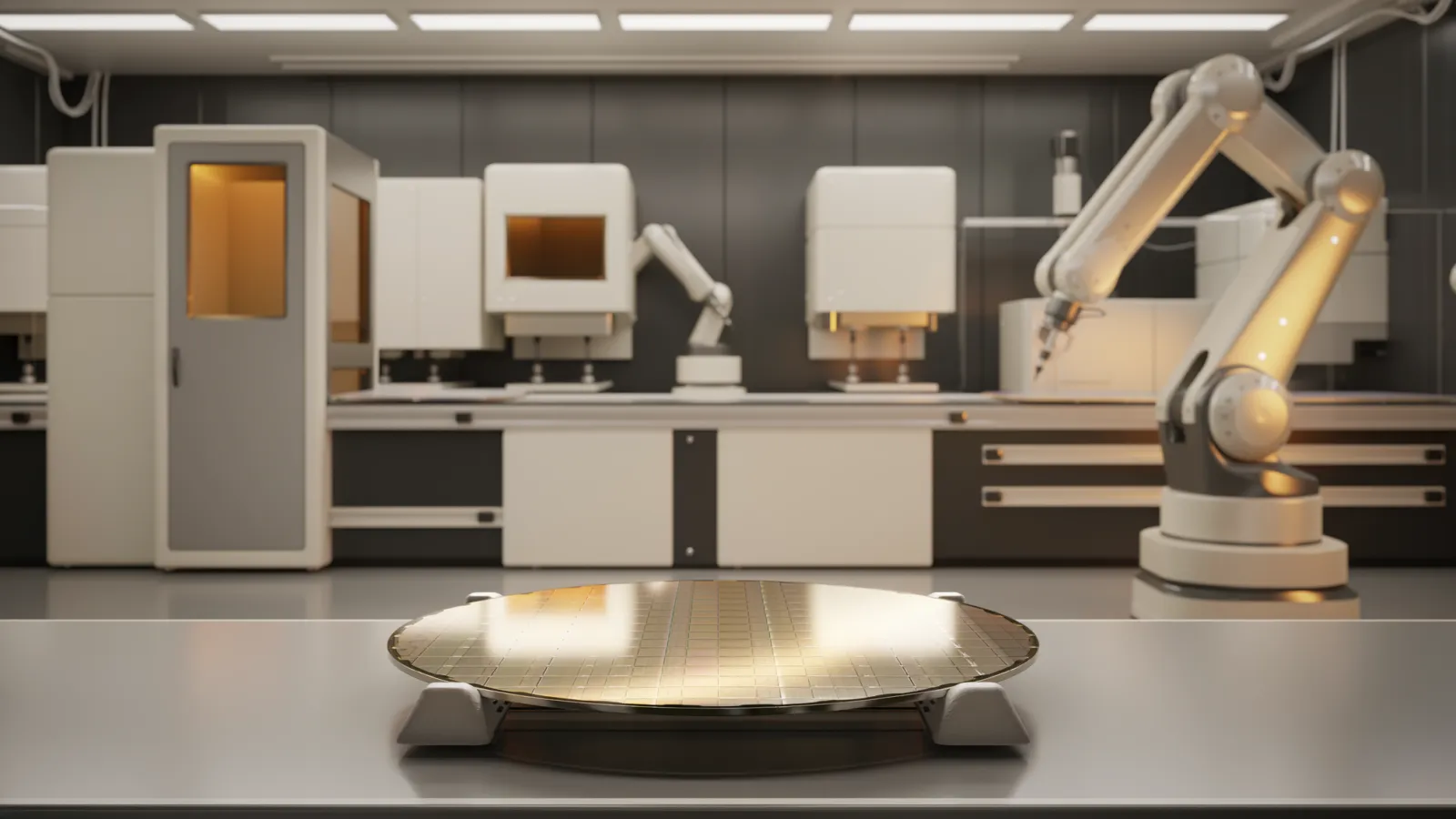 Conceptual image of an advanced silicon wafer and automated equipment inside a semiconductor cleanroom in Taiwan.
