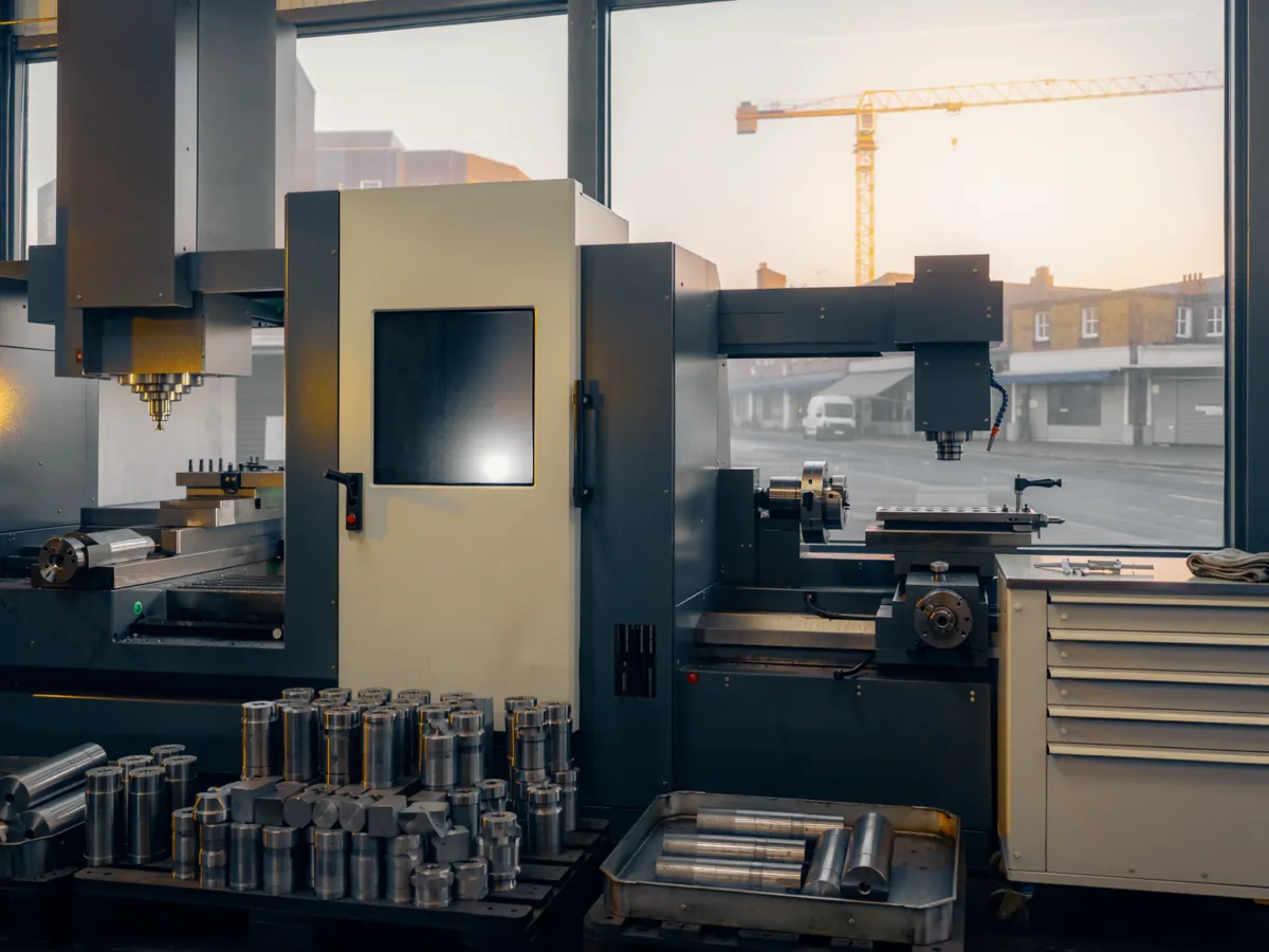 Conceptual image of manufacturing machinery in a British workshop with construction activity visible outside.