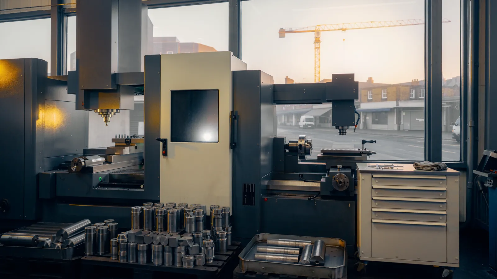 Conceptual image of manufacturing machinery in a British workshop with construction activity visible outside.