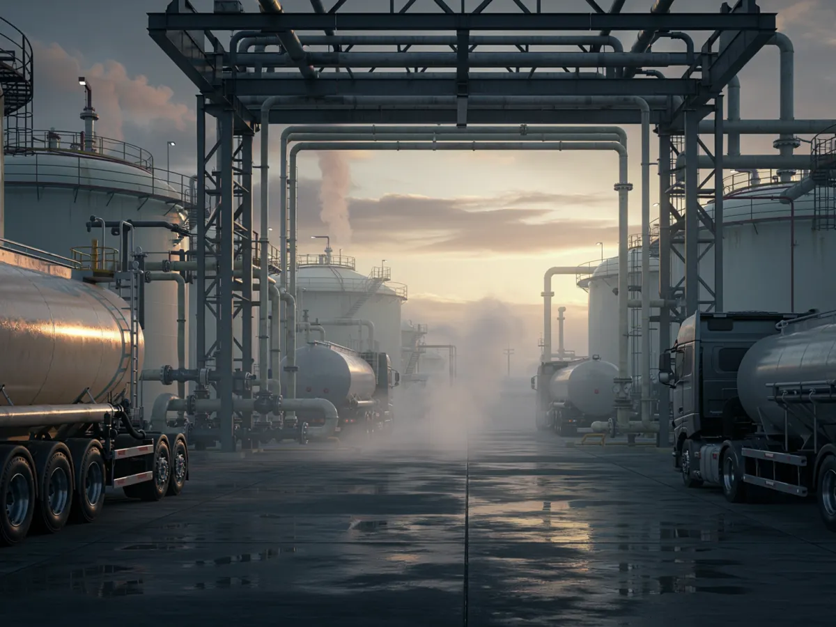 Conceptual editorial image of diesel tankers and storage infrastructure at an American fuel terminal, illustrating producer energy costs.